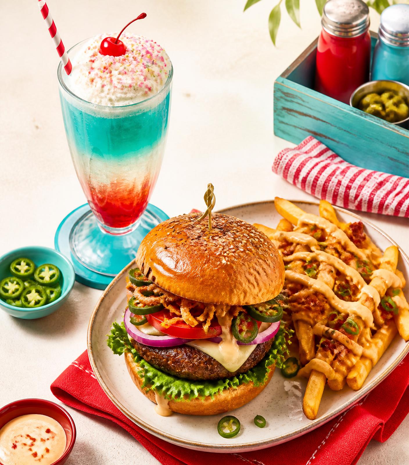 Layered gourmet soda with cream and cherry next to a loaded burger and fries