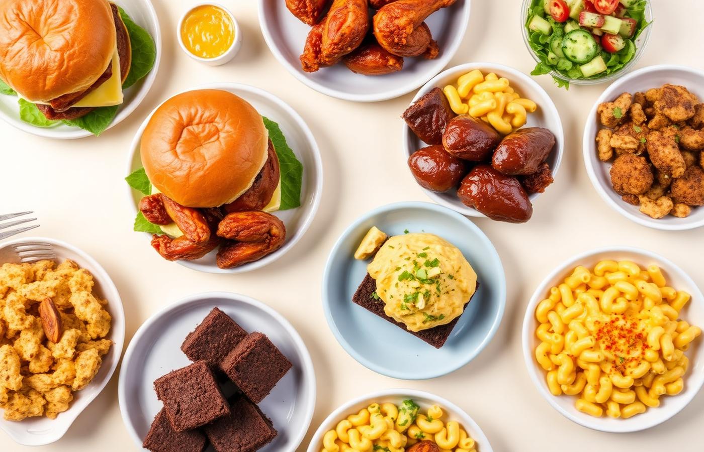 Flat lay of sliders, wings, mac and cheese, salad and brownies