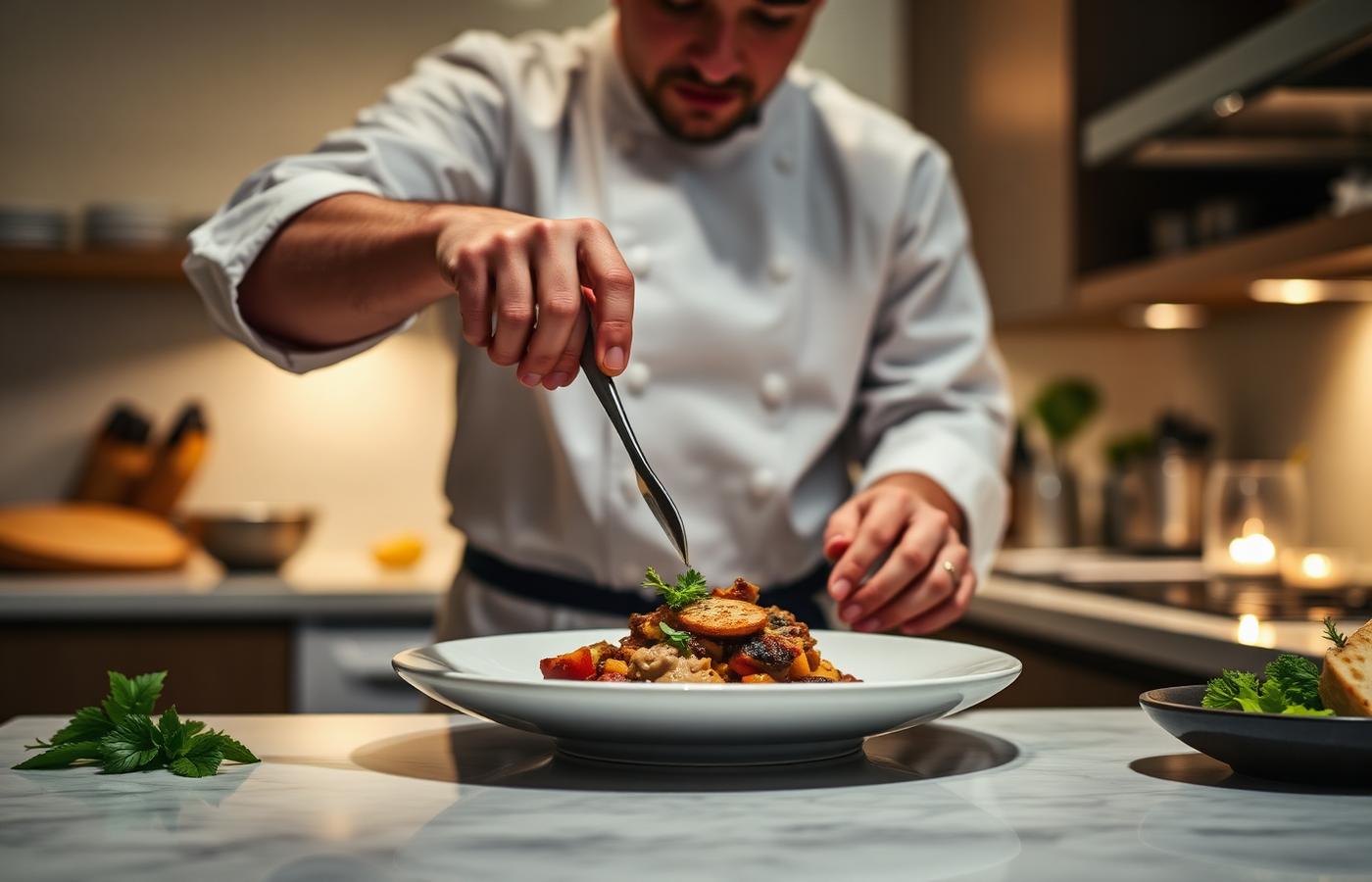Chef plating a gourmet dish in a home kitchen