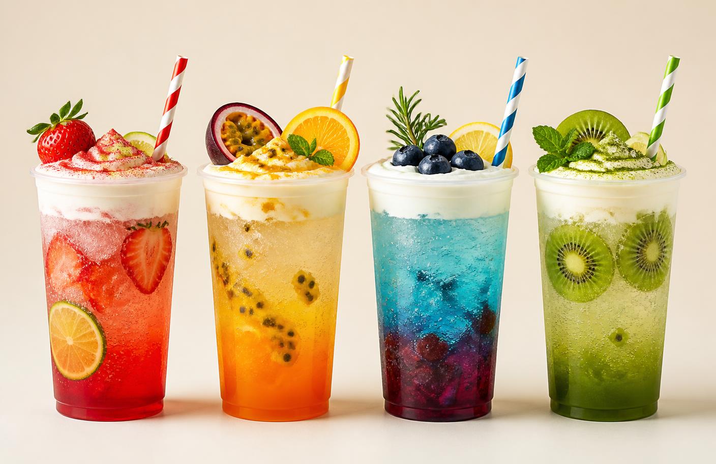 Four colorful layered gourmet sodas with fruit garnishes and striped straws
